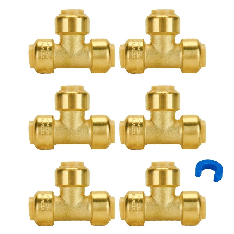 SUNGATOR 1/2 Inch Tee, Push Pex Tee Plumbing Fittings 1/2 Inch, No Lead Brass Push-to-Connect T Plumbing Fittings for PEX Pipe, Copper, CPVC Transition, with 1 Disconnect Clip, Pack of 6 - Image 1